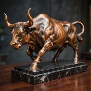 May include: A bronze-colored bull sculpture in a charging pose, mounted on a black marble base. The bull has detailed musculature and curved horns. The sculpture is a decorative item, suitable for home or office decor.