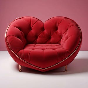 Puede incluir: Una silla roja en forma de corazón con un diseño acolchado. La silla tiene un ribete dorado y se apoya en cuatro patas doradas. El fondo es de color rosa sólido, y la silla es el punto focal de la imagen.