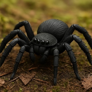 Pode incluir: Uma figura detalhada de aranha preta com oito pernas e um corpo segmentado. A aranha está colocada sobre um leito de folhas e musgo castanhos, criando um ambiente naturalista. As pernas da aranha são pontiagudas e o corpo é texturizado.
