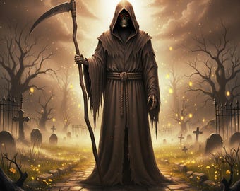 May include: A digital illustration of the Grim Reaper in a dark graveyard. The figure is cloaked in a brown robe, holding a scythe, with a skeletal face and glowing red eyes. The background features tombstones, bare trees, and a hazy sky.