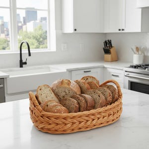 May include: A woven wicker bread basket filled with various types of sliced bread. The bread basket is oval-shaped with a handle on each end. The bread includes sourdough, whole wheat, and seeded varieties. The basket sits on a white countertop in a kitchen.
