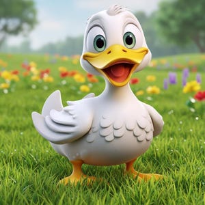 Könnte beinhalten: Eine fröhliche Cartoon-Ente mit weißen Federn, einem gelben Schnabel und orangefarbenen Füßen steht auf einer Wiese mit grünem Gras und bunten Blumen. Die Ente hat große, ausdrucksstarke grüne Augen und einen offenen Mund, der zu lächeln scheint.