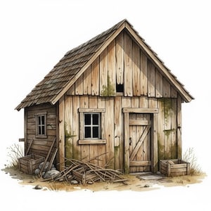 May include: A watercolour illustration of a rustic wooden shed with a gabled roof. The shed has a small window, a wooden door, and a weathered appearance. A pile of sticks and two wooden crates are in front of the shed.