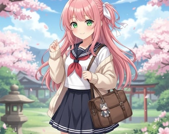 May include: Anime-style illustration of a young person in a school uniform, featuring a white shirt, navy blue skirt, and a beige cardigan. The character has pink hair, green eyes, and is carrying a brown satchel with a cat charm. Cherry blossoms and a traditional Japanese structure are in the background.