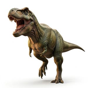 May include: A Tyrannosaurus rex dinosaur figure with textured green and brown skin, standing on two powerful hind legs with sharp claws. The dinosaur has its mouth wide open, revealing rows of sharp teeth, and a long, thick, muscular tail.