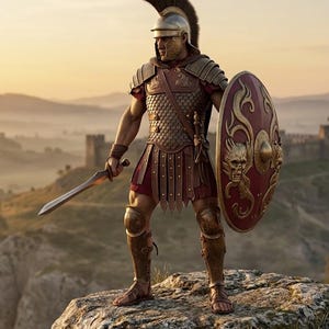 Pode incluir: Um soldado romano, vestido com uma armadura detalhada em bronze e bordô, está em pé sobre uma rocha. Ele segura uma espada e um escudo com um desenho de dragão dourado. Ao fundo, um castelo e um pôr do sol.