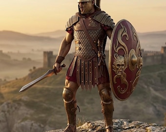 May include: A Roman soldier in bronze and burgundy armour stands on a rock, holding a sword and a shield with a gold dragon design. A castle and sunset are in the background.