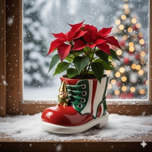 May include: A festive Christmas poinsettia plant in a red, white, and green boot-shaped planter. The planter features a small gnome figurine and is set against a snowy window with a Christmas tree in the background.