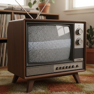 Puede incluir: Un televisor de madera vintage con un panel de control plateado y dos antenas. La pantalla muestra estática. El televisor tiene un diseño retro con patas de madera y una rejilla de altavoz. El televisor está sobre una alfombra estampada.