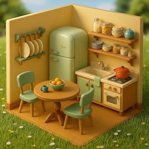 Puede incluir: Una escena de cocina en miniatura con un refrigerador, una estufa y un fregadero retro. Una mesa redonda de madera con dos sillas, un cuenco de naranjas y una taza están en primer plano. La cocina está pintada en tonos pastel verdes y amarillos.
