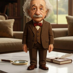 May include: A figurine of Albert Einstein in a brown suit and red bow tie stands on a marble table. A magnifying glass, a book, and a feather are on the table. The background includes a window and a bookshelf.