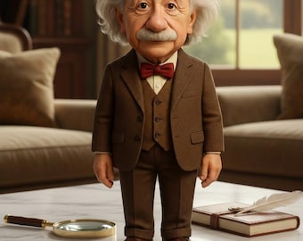 May include: A figurine of Albert Einstein in a brown suit and red bow tie stands on a marble table. A magnifying glass, a book, and a feather are on the table. The background includes a window and a bookshelf.