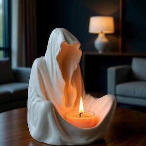 Peut inclure: Un bougeoir en céramique blanche en forme de figure encapuchonnée, tenant une bougie allumée. La bougie dégage une douce lueur orange. La figurine est assise, la bougie reposant sur ses genoux. Le design est minimaliste et élégant.