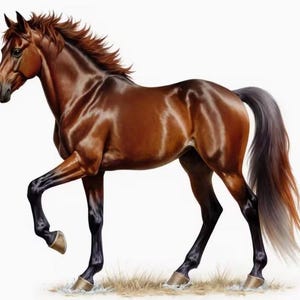May include: A detailed illustration of a brown horse with a flowing mane and tail. The horse is depicted in a dynamic pose, with one leg raised, showcasing its muscular build and glossy coat. The horse's legs are black, and the hooves are a light brown.