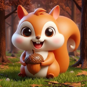 May include: A cartoon squirrel with orange fur, white belly, and large brown eyes, holding a brown acorn. The squirrel is smiling with its mouth open, and is set against a backdrop of a forest with green grass and fallen leaves.