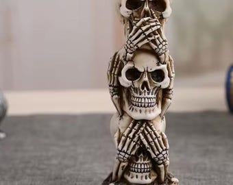 STL-obj-bestand driedubbele schedelstandbeeld – sculptuur drie schedels, donkergotisch 3D-afdrukbaar decor