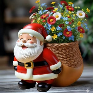 May include: A smiling Santa Claus figure in a red suit and hat, holding a basket overflowing with colourful flowers. The flowers are a mix of red, white, blue, and yellow. The figurine has a white beard and a gold belt buckle. The basket is woven.
