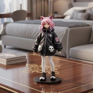 May include: A figurine of a girl with pink hair and cat ears wearing a black jacket with skull designs. She is standing on a black base, wearing white tights and black sneakers. The figurine is on a wooden table.
