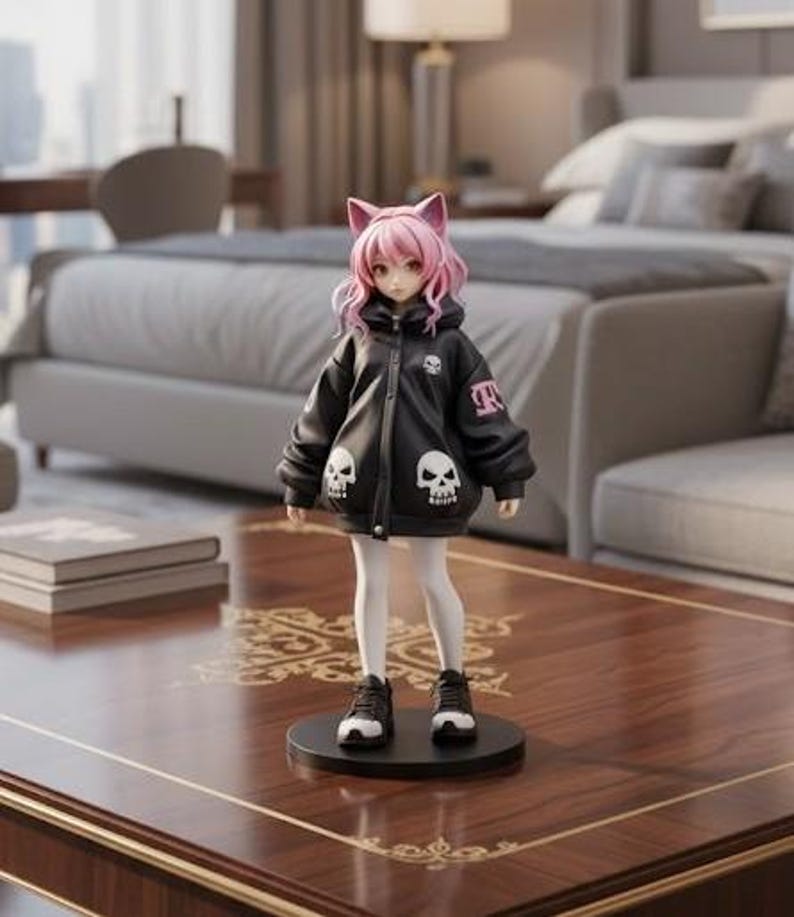 May include: A figurine of a girl with pink hair and cat ears wearing a black jacket with skull designs. She is standing on a black base, wearing white tights and black sneakers. The figurine is on a wooden table.
