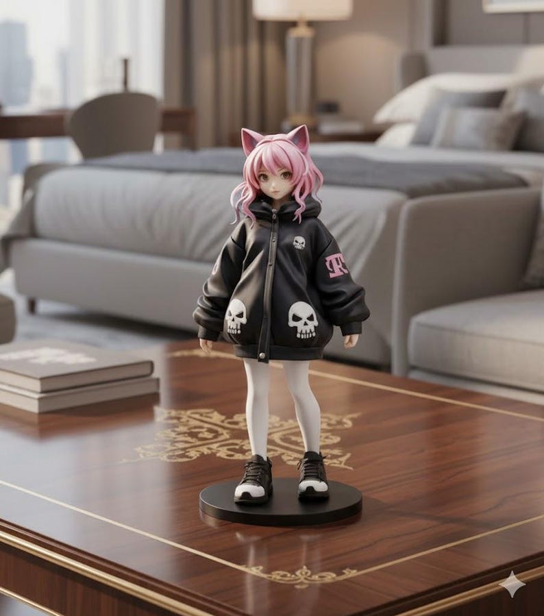 May include: A figurine of a girl with pink hair and cat ears, wearing a black jacket with skull graphics and white tights. She is standing on a black base, with black and white sneakers. The figurine is on a dark wood table.