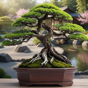 May include: A meticulously crafted bonsai tree with vibrant green foliage and a gnarled, textured trunk. The tree is planted in a brown, octagonal pot, set against a serene Japanese garden backdrop with a pond and traditional architecture.