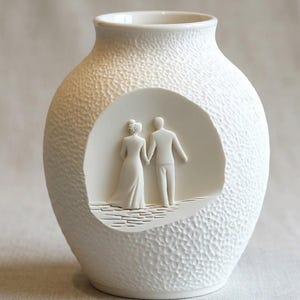 May include: White ceramic vase with a textured surface. A circular cutout reveals a sculpted couple holding hands, likely a bride and groom. The vase is a wedding or anniversary themed decorative item.