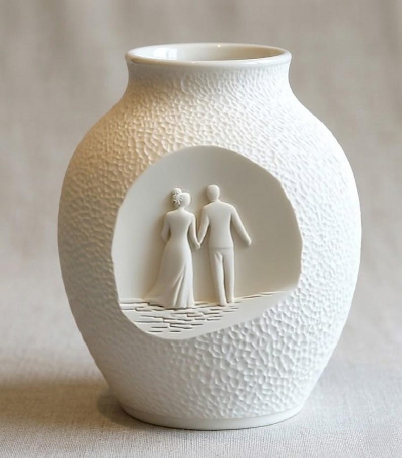 May include: White ceramic vase with a textured surface. A circular cutout reveals a sculpted couple holding hands, likely a bride and groom. The vase is a wedding or anniversary themed decorative item.