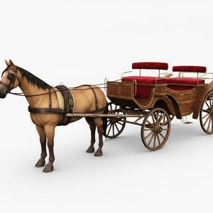 May include: A brown horse harnessed to a wooden carriage with red velvet seating. The carriage has spoked wheels and is designed for two passengers. The horse is wearing a leather bridle and harness.