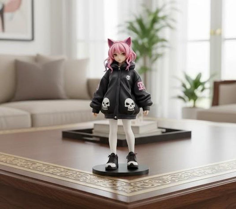 May include: A figurine of a girl with pink hair and cat ears, wearing a black jacket with skull designs and white leggings. She is standing on a black base, wearing black and white sneakers. The figurine is on a wooden coffee table.