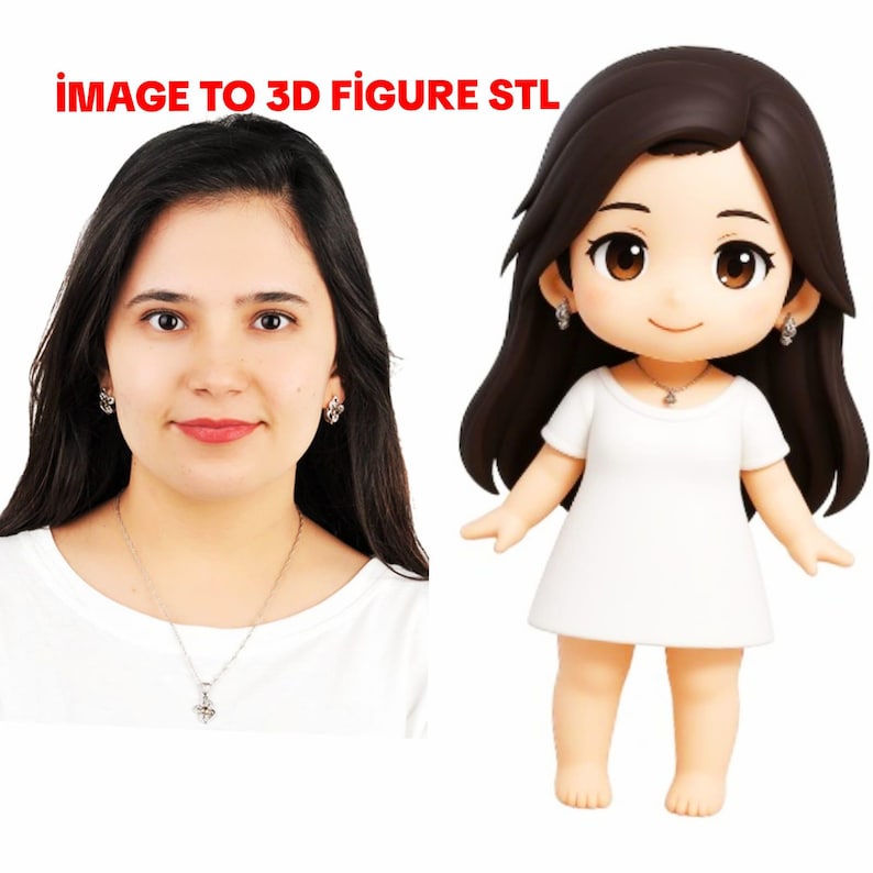 Puede incluir: La imagen muestra una comparaci&oacute;n. A la izquierda, una mujer con cabello oscuro y una camisa blanca. A la derecha, una figura 3D de una mujer con cabello oscuro, vestida con un vestido blanco, aretes y un collar. El texto "IMAGE TO 3D FIGURE STL" est&aacute; en la parte superior.