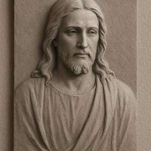 May include: A bas-relief sculpture depicting a man with long hair and a beard, set against a rectangular backdrop. The sculpture is in shades of beige and tan, with detailed facial features and clothing. The subject has a calm expression.