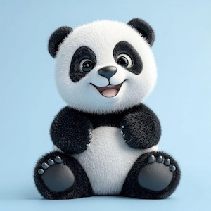 Puede incluir: Un peluche de oso panda sonriente con pelaje blanco y negro, patas negras y orejas negras. El panda tiene la boca rosa y está sentado sobre un fondo azul claro.