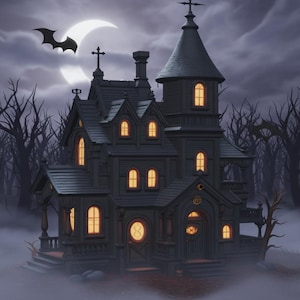 Può includere: Illustrazione di una casa infestata grigio scuro con finestre gialle luminose, sullo sfondo di una luna piena e alberi spogli. Un pipistrello nero vola nel cielo, accentuando la scena spettrale.