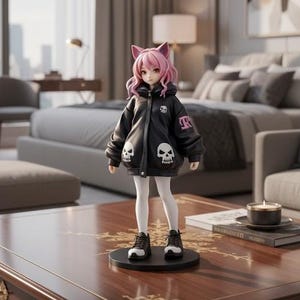 May include: A figurine of a character with pink hair and cat ears, wearing a black jacket with skull designs and white leggings. The figure is standing on a round black base, with black and white sneakers. The figurine is on a wooden table.