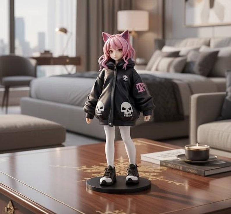 May include: A figurine of a character with pink hair and cat ears, wearing a black jacket with skull designs and white leggings. The figure is standing on a round black base, with black and white sneakers. The figurine is on a wooden table.