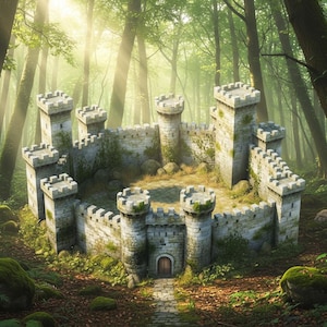 May include: A stone castle with multiple turrets and a wooden door is nestled in a lush forest. The castle walls are covered in moss, and a stone path leads to the entrance. Sunlight streams through the trees, illuminating the scene.