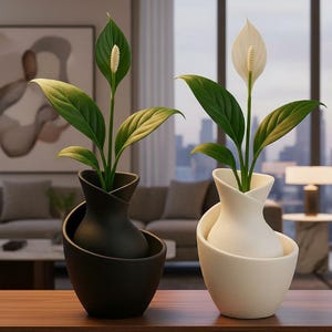 May include: Two decorative vases, one black and one white, each holding a peace lily plant. The vases have a unique, curved design. The plants feature large green leaves and white flowers, set against a blurred interior background.