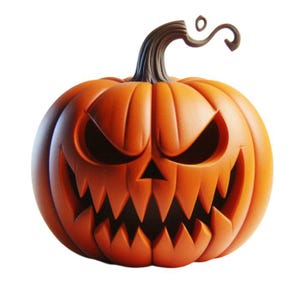 May include: A carved orange pumpkin with a menacing face, featuring triangular eyes and a jagged, toothy grin. The pumpkin has a dark brown stem and is a classic Halloween decoration.