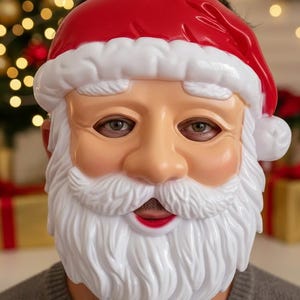 Könnte beinhalten: Eine Weihnachtsmannmaske mit roter Mütze, weißem Bart und rosigen Wangen. Die Maske hat ein realistisches Design mit einem lächelnden Mund und ist aus Kunststoff. Ideal für Weihnachten oder Feiern.