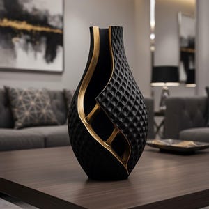 May include: A black decorative vase with a textured diamond pattern and gold accents. The vase has a unique, open design with a curved shape. This modern vase is a stylish home decor item.