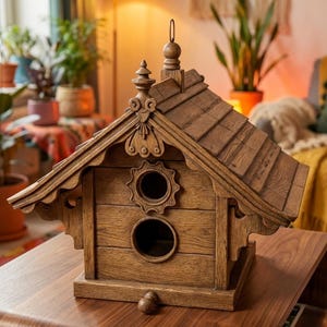 Puede incluir: Una pajarera de madera con un diseño tallado detallado. La pajarera tiene un tejado a dos aguas, dos aberturas circulares y adornos decorativos. La madera tiene un tono cálido y natural, y la pajarera está sobre una superficie de madera.