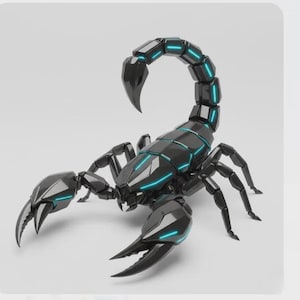 Puede incluir: Una escultura de escorpión negro con un diseño futurista. El escorpión tiene una armadura corporal segmentada con acentos azules brillantes. Las pinzas y el aguijón son prominentes, y las patas están posicionadas para una pose llamativa.