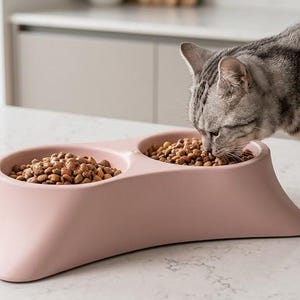 Könnte beinhalten: Eine hellrosa Katzennapf mit zwei Fächern, gefüllt mit Trockenfutter. Eine graue getigerte Katze frisst von einer Seite. Die Schale hat ein modernes, geschwungenes Design und steht auf einer weißen Arbeitsplatte.