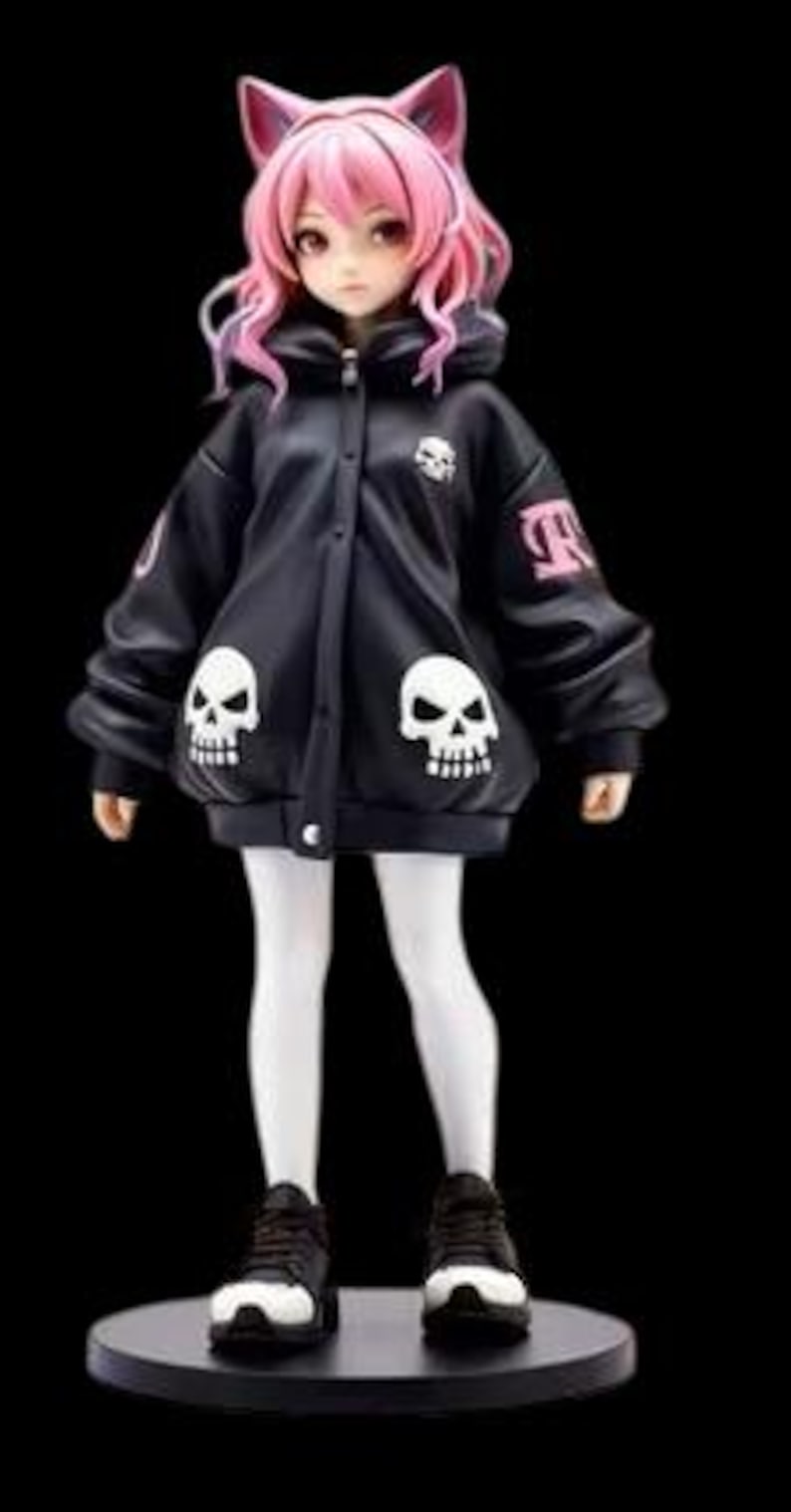 May include: A figurine of a person with pink hair and cat ears wearing a black jacket with skull designs and white leggings. The figure is standing on a black base, wearing black and white sneakers.