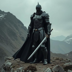 May include: A full suit of black armor with a helmet and a long cape. The knight is holding a long sword with a silver blade. The background features a mountain range under a cloudy sky. The armor has intricate details.