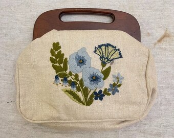 70er Jahre Holz Griff Blume bestickte Handtasche, Vintage Handgemachte Handtasche