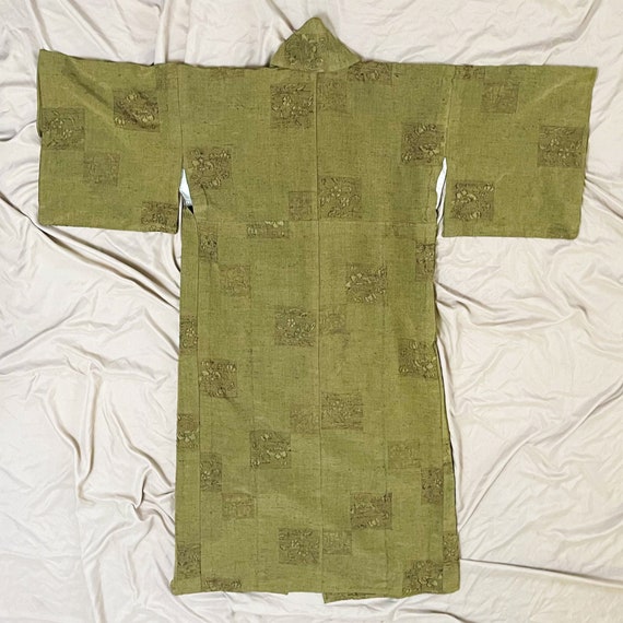 Vintage 40s-50s handmade green floral silk kimono… - image 5