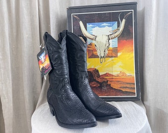 Vintage 70s Abilene Genuine Snakeskin Black Cowboy Boots NWDs Men's 7.5 EE Made in USA