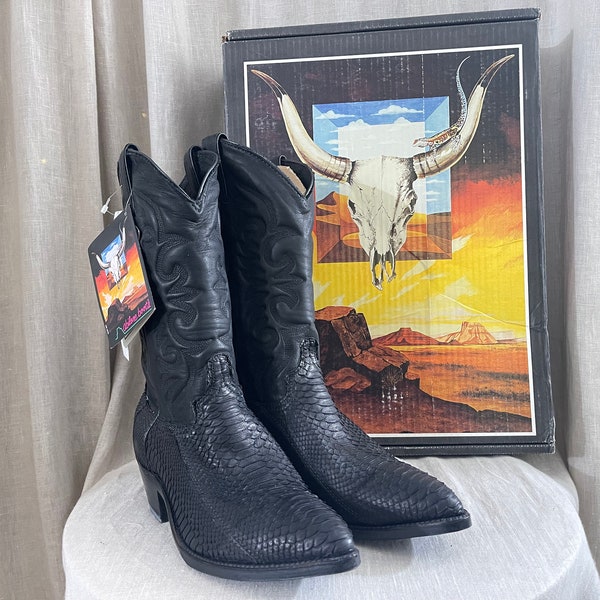 Vintage 70s Abilene Genuine Snakeskin Black Cowboy Boots NWDs Men's 7.5 EE Made in USA