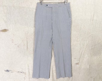 Vintage 1980s Sans A Belt Blue and White Seersucker Pants 36 x 28 Made in USA Mens Trousers Mark Scot by Jaymar